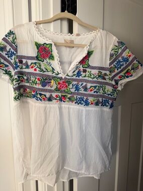 White Embroidered Cotton Peasant Blouse with Multicolor Floral Detail